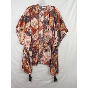 Maurices Kimono Wrap Womens One Size Rust Floral Patchwork Boho Tassel Layering